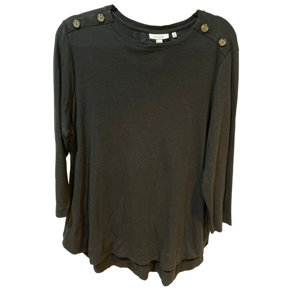 Chico’s Black Long Sleeve Tunic Top Women’s Size 3 Button Detail Stretchy Blouse